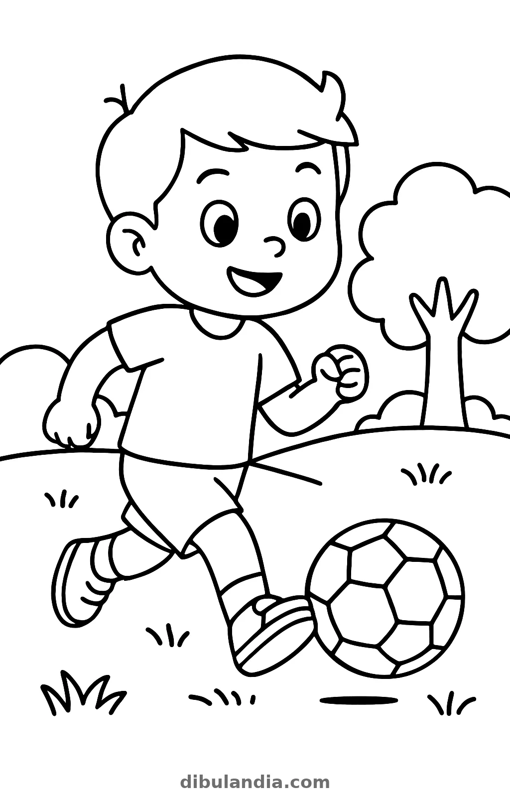 Niño chutando el balón, dibujo en blanco y negro para colorear