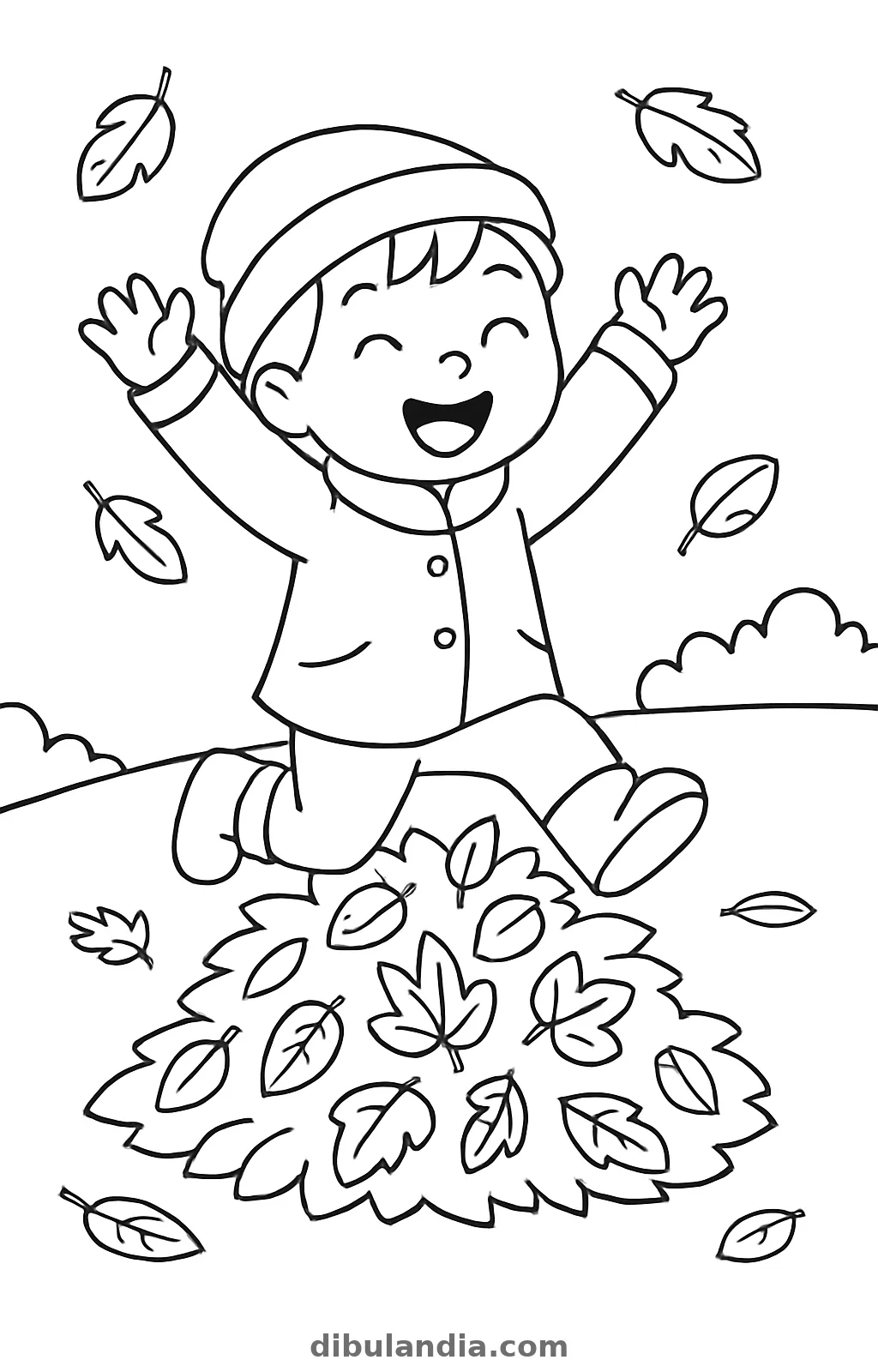 Niño con gorro y abrigo saltando con los brazos en alto sobre un montón de hojas, dibujo para colorear