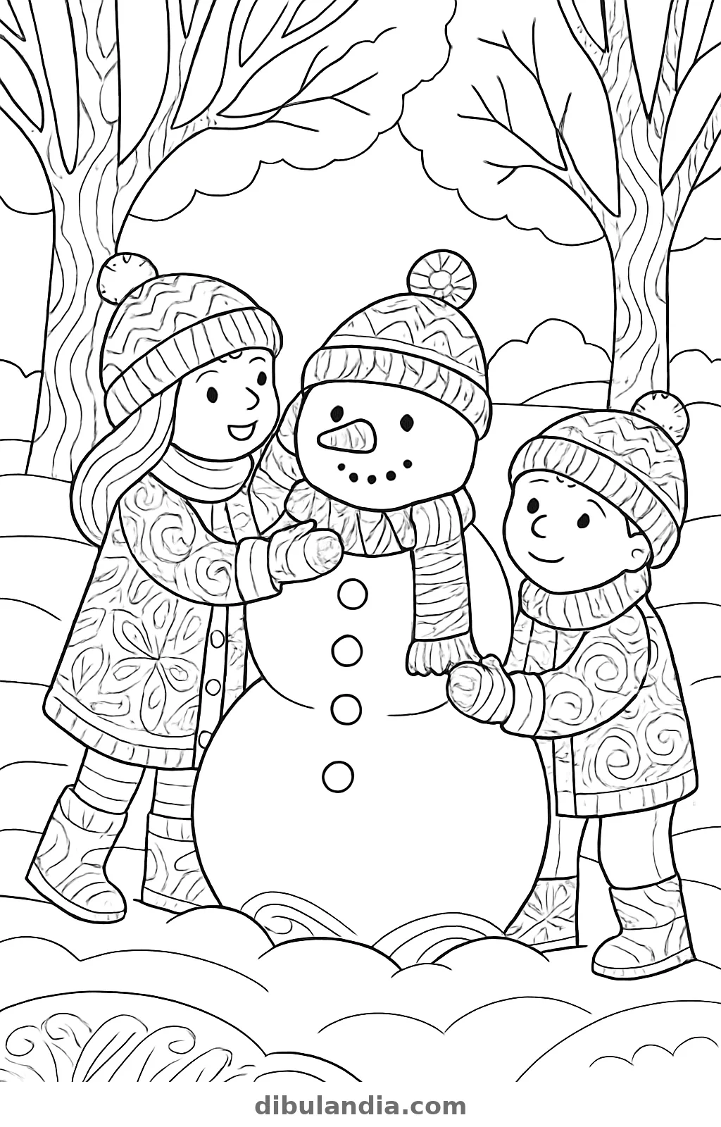 Una niña y un niño con gorro y abrigo poniendo la bufanda a un muñeco de nieve entre árboles, dibujo para colorear