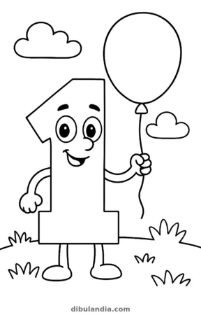 Número 1 con un globo, dibujo en blanco y negro para colorear