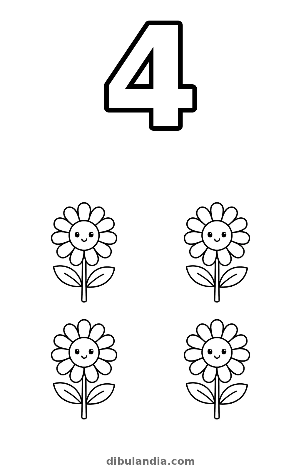 Número 4 grande con cuatro flores sonrientes colocadas en cuadrado, dibujo para colorear