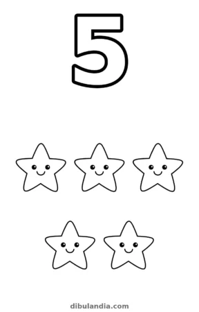 Número 5 con cinco estrellas, dibujo en blanco y negro para colorear