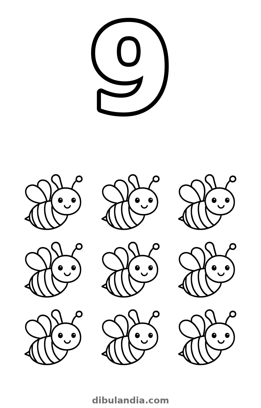 Número 9 grande con nueve abejas sonrientes en tres filas de tres, dibujo para colorear