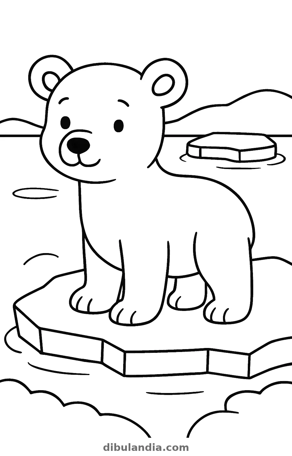 Osezno polar de pie sobre un témpano que flota en el agua, con otro bloque de hielo y colinas al fondo, dibujo para colorear
