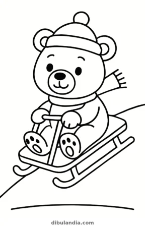 Osito bajando en trineo, dibujo en blanco y negro para colorear