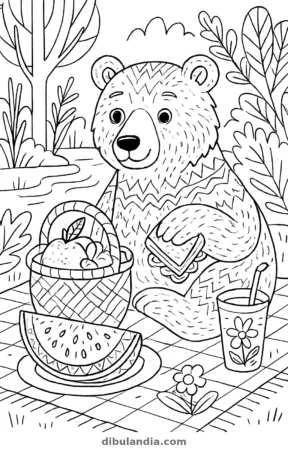 Oso de pícnic, dibujo en blanco y negro para colorear