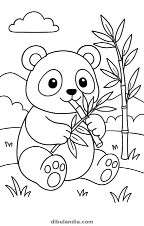 Oso panda comiendo bambú, dibujo en blanco y negro para colorear