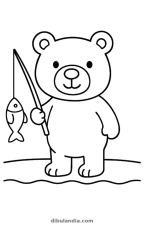Oso pescando, dibujo en blanco y negro para colorear