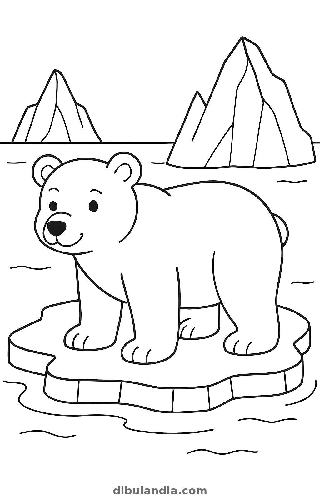 Oso polar sonriente con las cuatro patas en un témpano, entre ondas cortas y dos icebergs de picos afilados, dibujo para colorear
