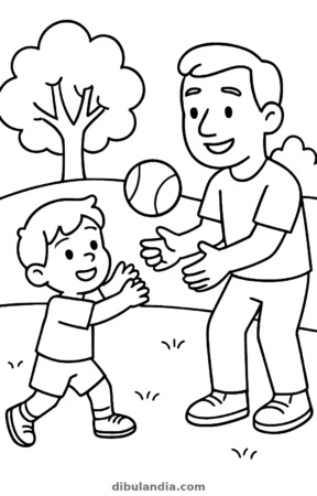 Un hombre y un niño jugando con una pelota en el aire en un parque con un árbol, dibujo para colorear
