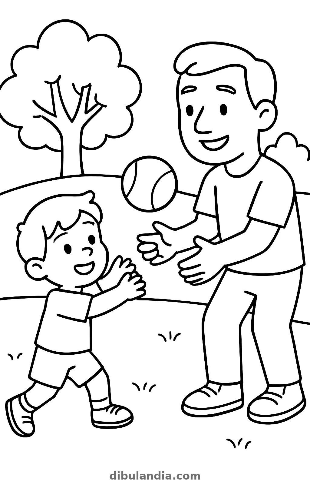 Un hombre y un niño jugando con una pelota en el aire en un parque con un árbol, dibujo para colorear