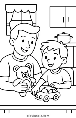 Padre e hijo jugando en casa, dibujo en blanco y negro para colorear