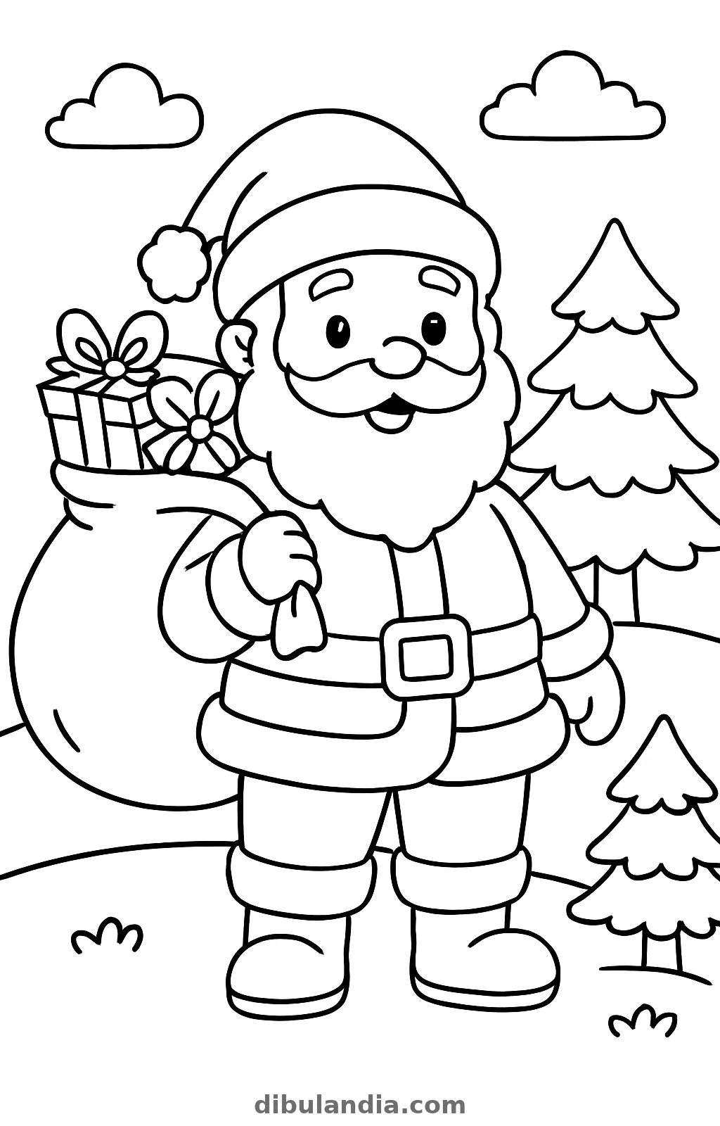Papá Noel sonriente sujetando un saco de regalos entre abetos y colinas, dibujo para colorear