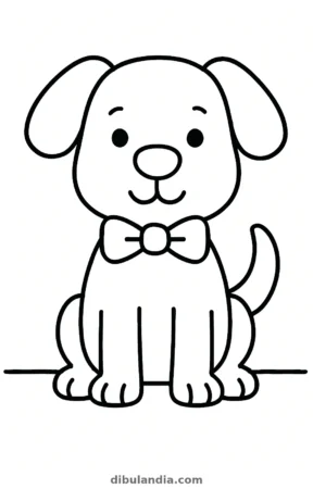 Perro con pajarita, dibujo en blanco y negro para colorear