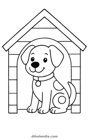 Perro en su caseta, dibujo en blanco y negro para colorear