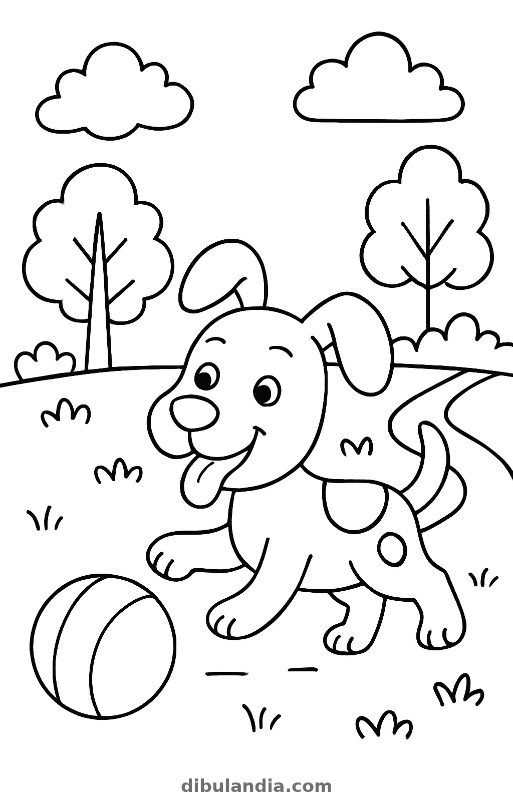 Perro con la lengua fuera corriendo hacia una pelota en un parque, dibujo para colorear