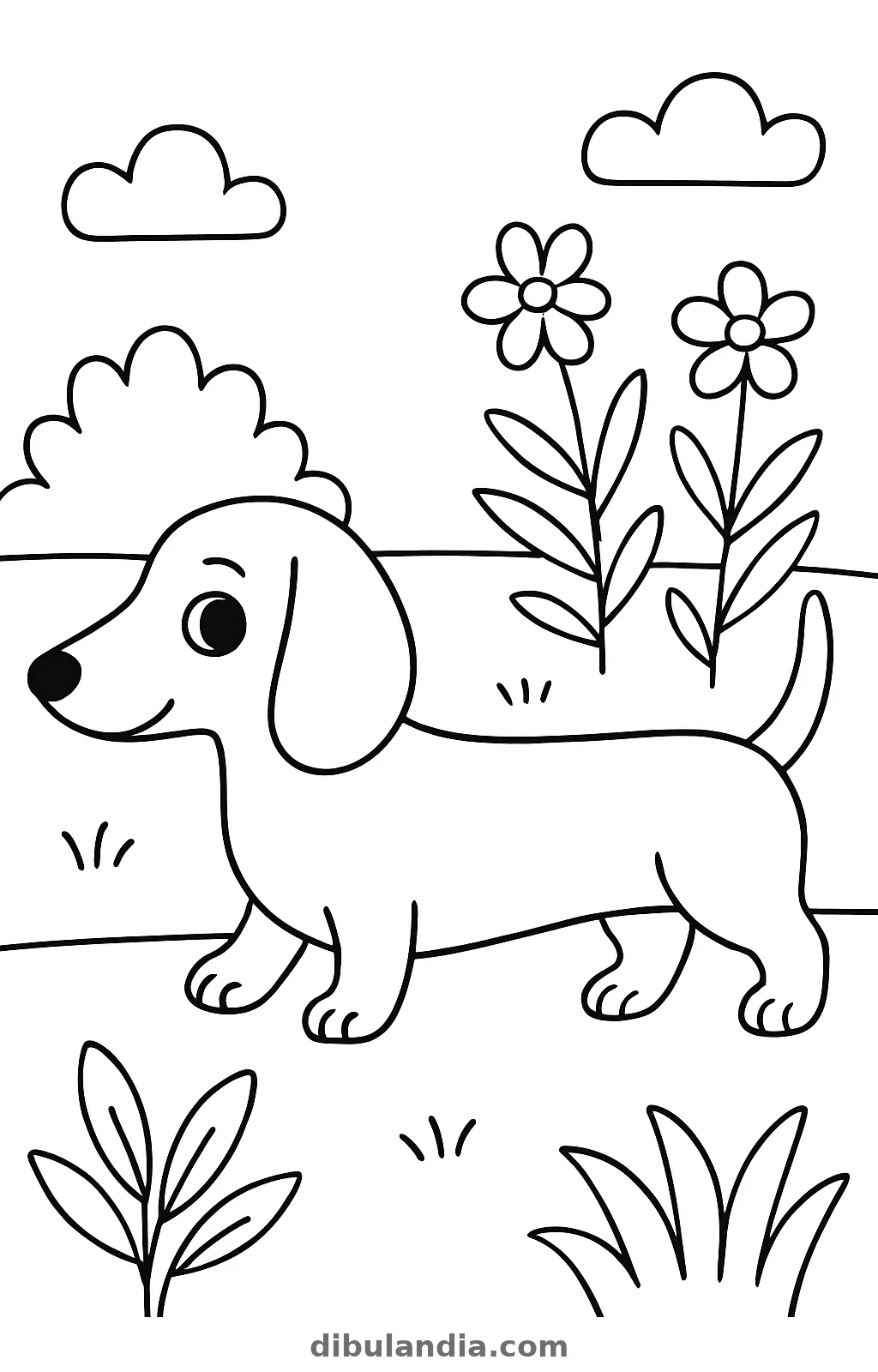 Perro salchicha de cuerpo entero en un prado con dos flores, un arbusto y nubes, dibujo para colorear