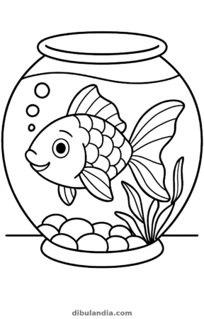 Pez en una pecera, dibujo en blanco y negro para colorear