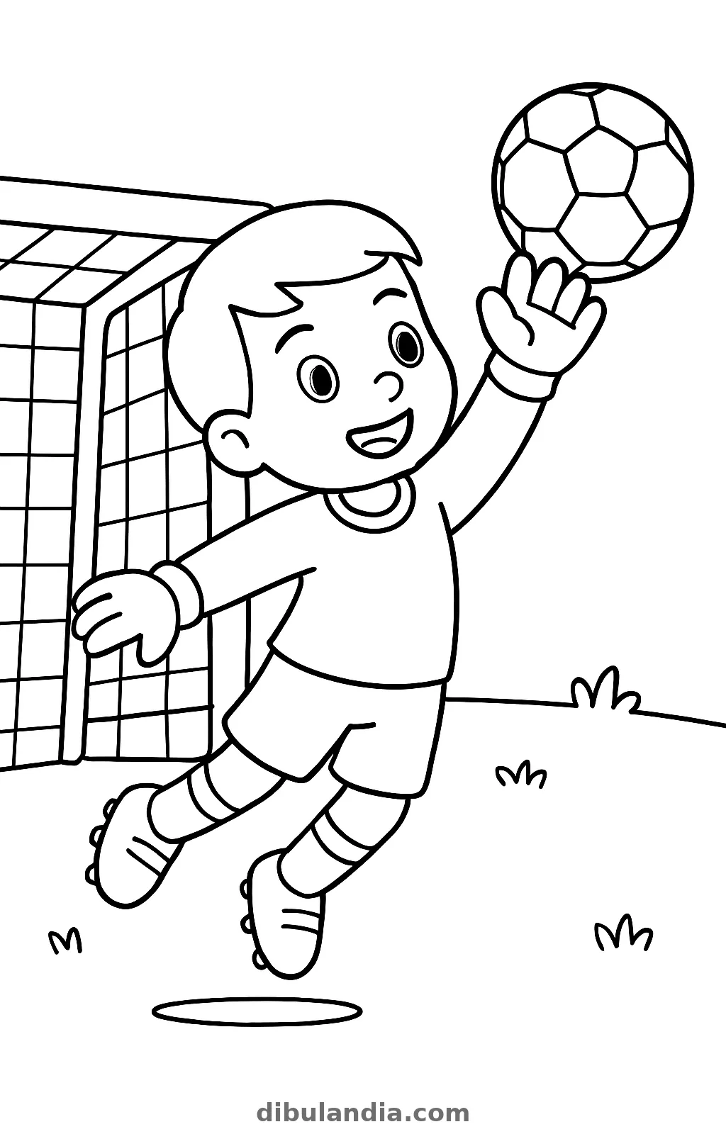 Portero con guantes saltando delante de la portería para desviar el balón con una mano, dibujo para colorear
