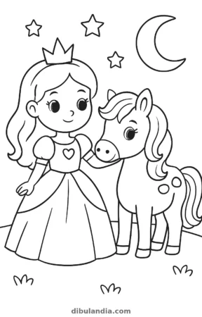 Princesa con un poni, dibujo en blanco y negro para colorear