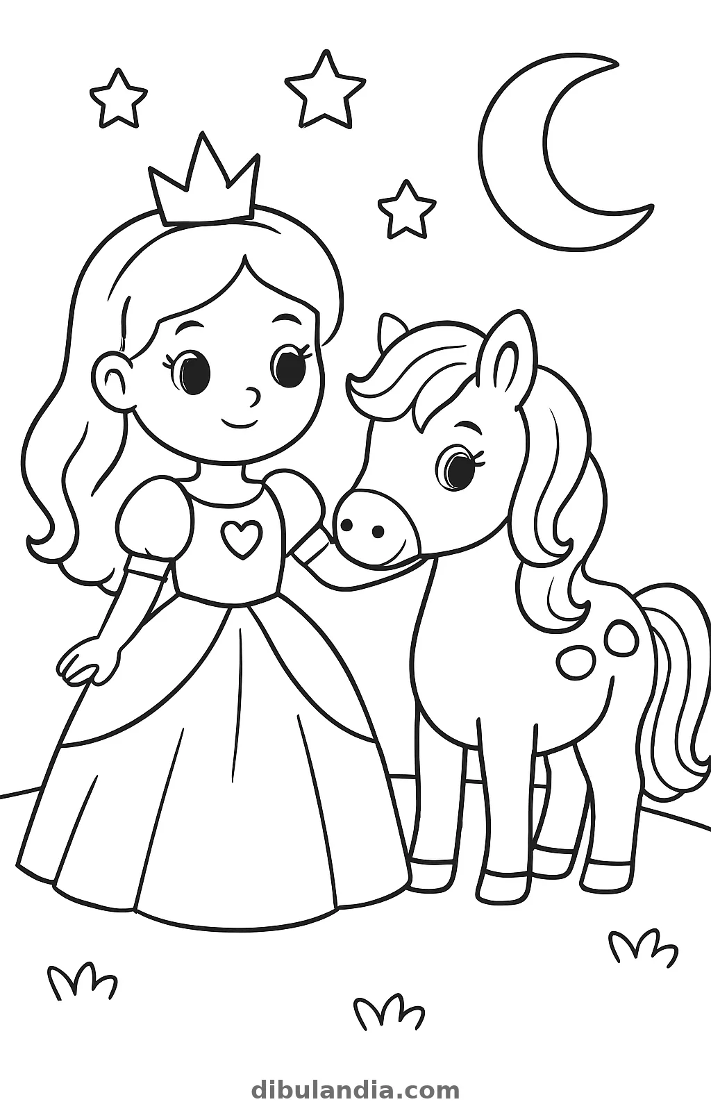 Princesa junto a un poni de crin rizada bajo la luna y tres estrellas, dibujo para colorear