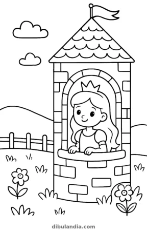 Princesa en la torre del castillo, dibujo en blanco y negro para colorear