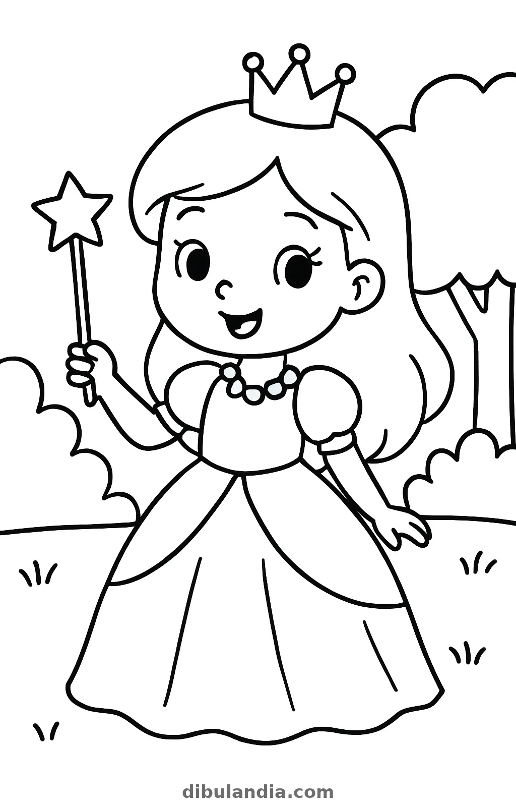 Princesita con varita mágica, dibujo en blanco y negro para colorear