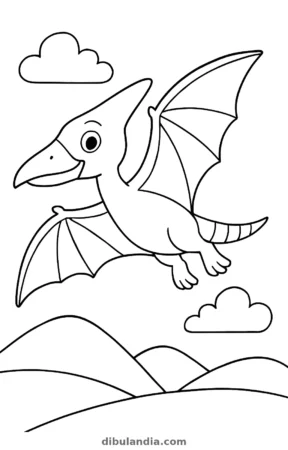 Pterodáctilo volando, dibujo en blanco y negro para colorear
