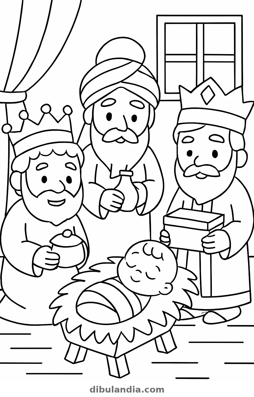 Tres Reyes Magos con sus regalos junto al Niño dormido en el pesebre, dibujo para colorear