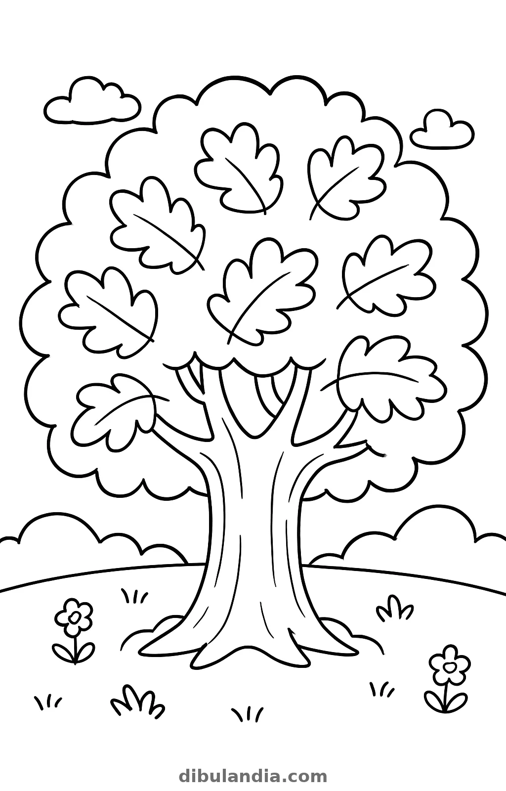 Roble grande con hojas lobuladas en la copa sobre una loma con flores, dibujo para colorear