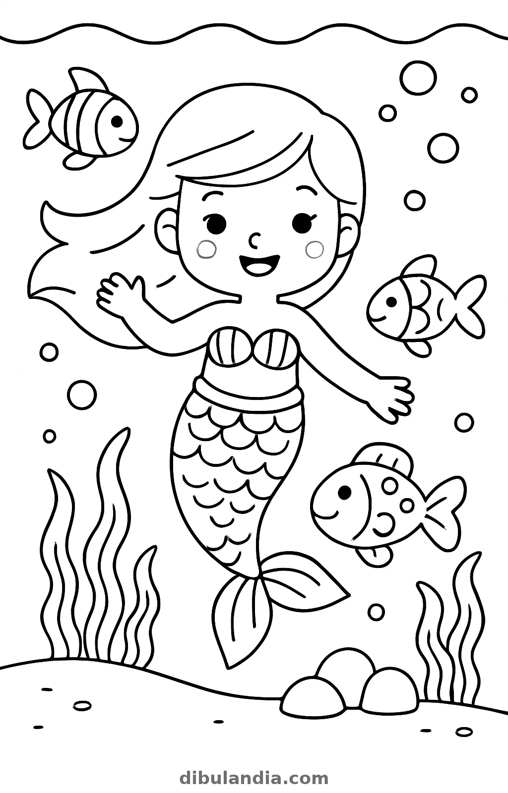 Sirena saludando bajo el agua entre tres peces, burbujas y algas, dibujo para colorear