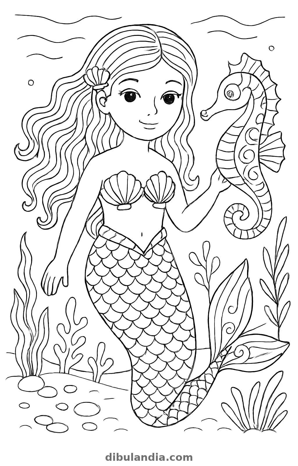 Sirena de pelo largo con un caballito de mar en la mano, entre algas y corales, dibujo para colorear