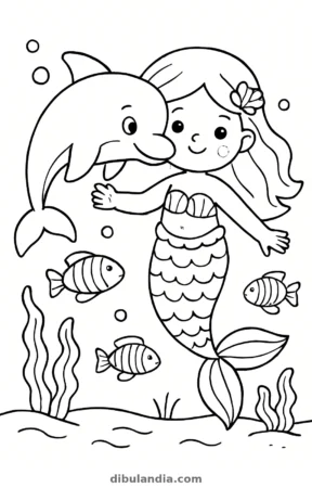 Sirena nadando junto a un delfín, con tres peces a rayas y algas, dibujo para colorear