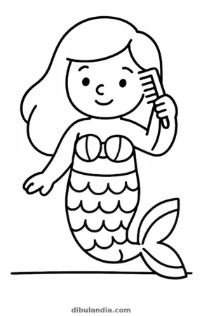 Sirena peinándose, dibujo en blanco y negro para colorear