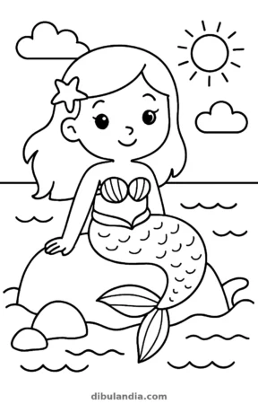 Sirena sentada en una roca junto al mar, con sol y dos nubes, dibujo para colorear