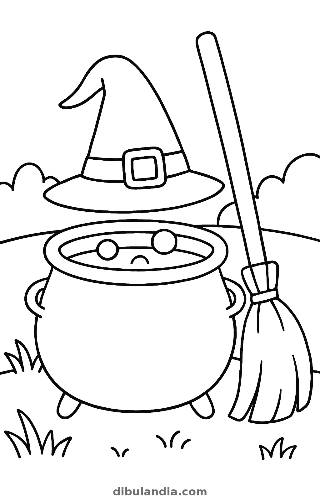 Sombrero de bruja, escoba y caldero, dibujo en blanco y negro para colorear