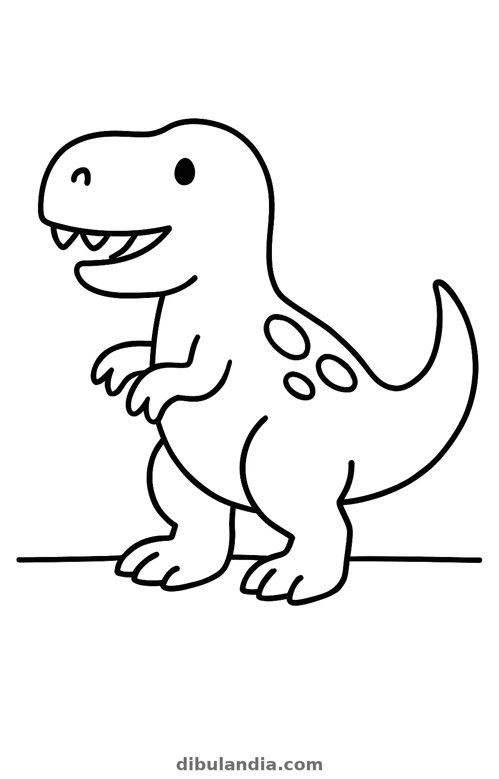 Tiranosaurio rex sonriente de pie, con trazo grueso y sin fondo, dibujo para colorear