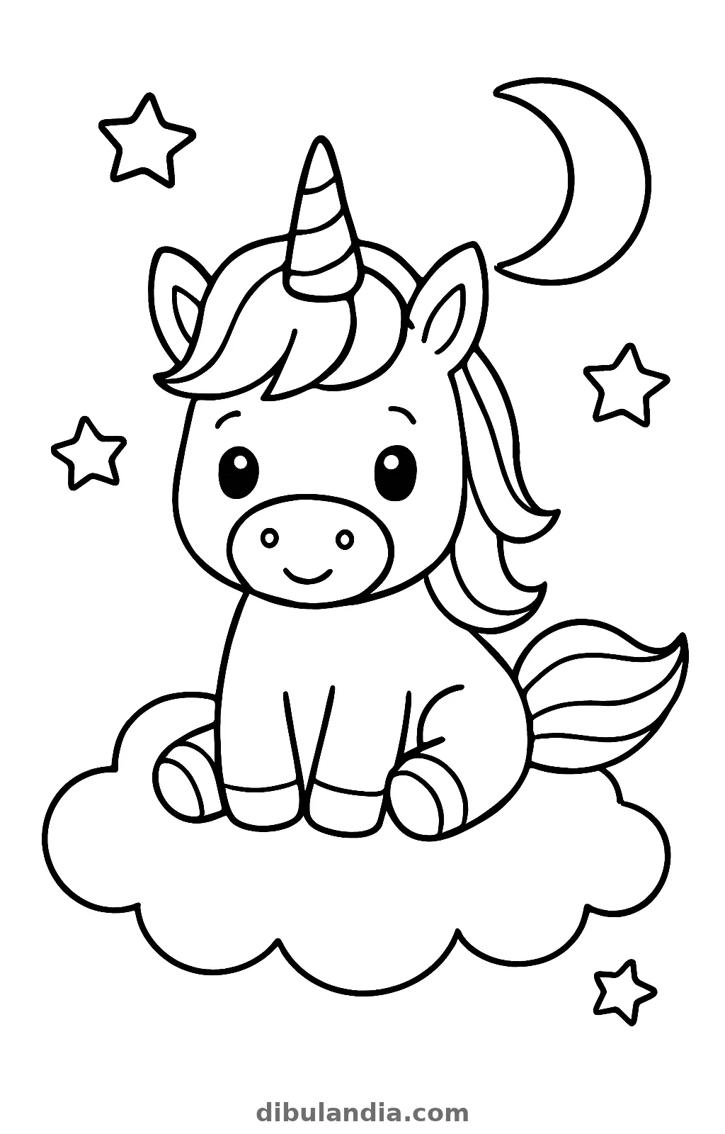 Unicornio bebé sentado sobre una nube de noche, con una media luna y estrellas, dibujo para colorear