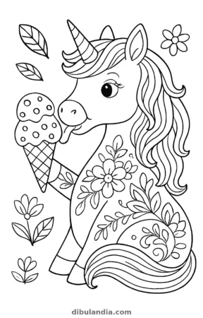 Unicornio comiendo un helado, dibujo en blanco y negro para colorear