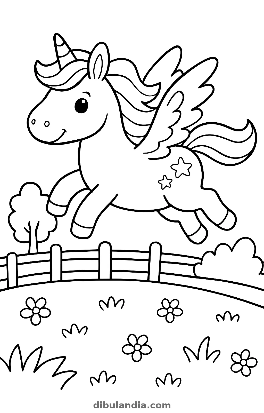 Unicornio con alas saltando por encima de una valla de madera en una colina, dibujo para colorear