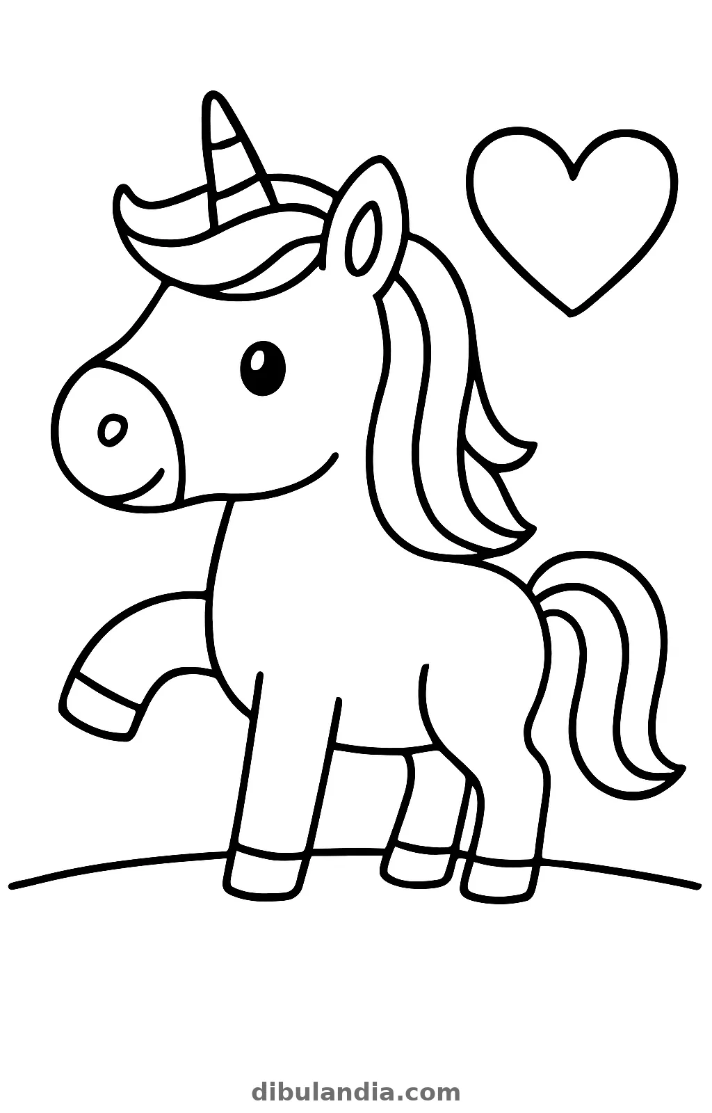 Unicornio con corazón, dibujo en blanco y negro para colorear