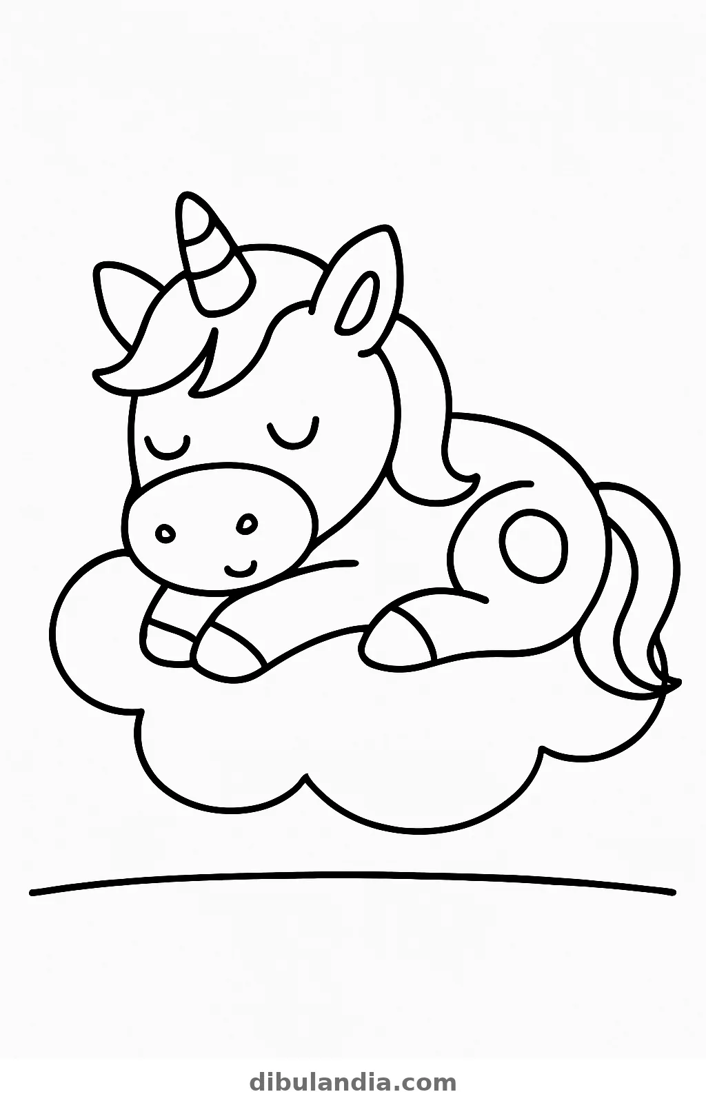 Unicornio dormido acurrucado sobre una nube, con trazo grueso, dibujo para colorear