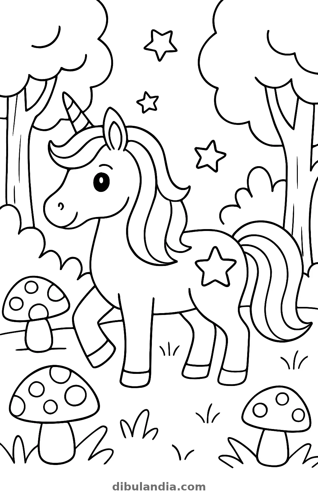 Unicornio caminando en un claro del bosque entre árboles y setas de lunares, dibujo para colorear