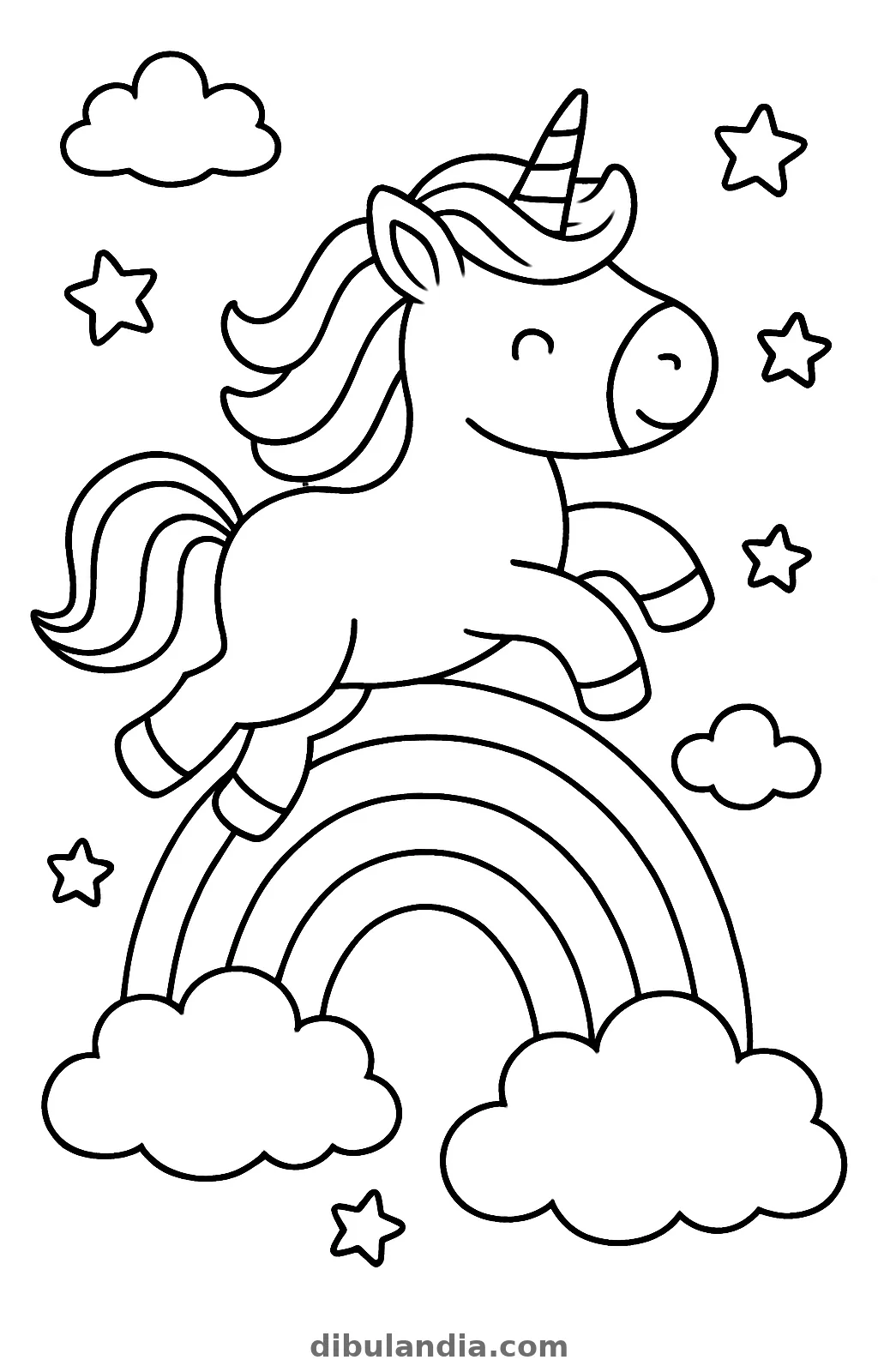 Unicornio saltando sobre el arcoíris, dibujo en blanco y negro para colorear