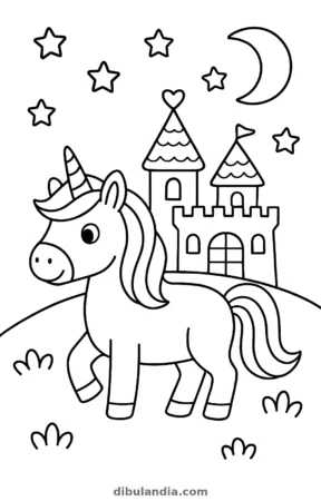 Unicornio y castillo, dibujo en blanco y negro para colorear