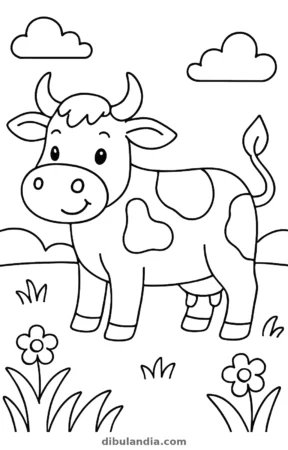 Vaca en el prado, dibujo en blanco y negro para colorear