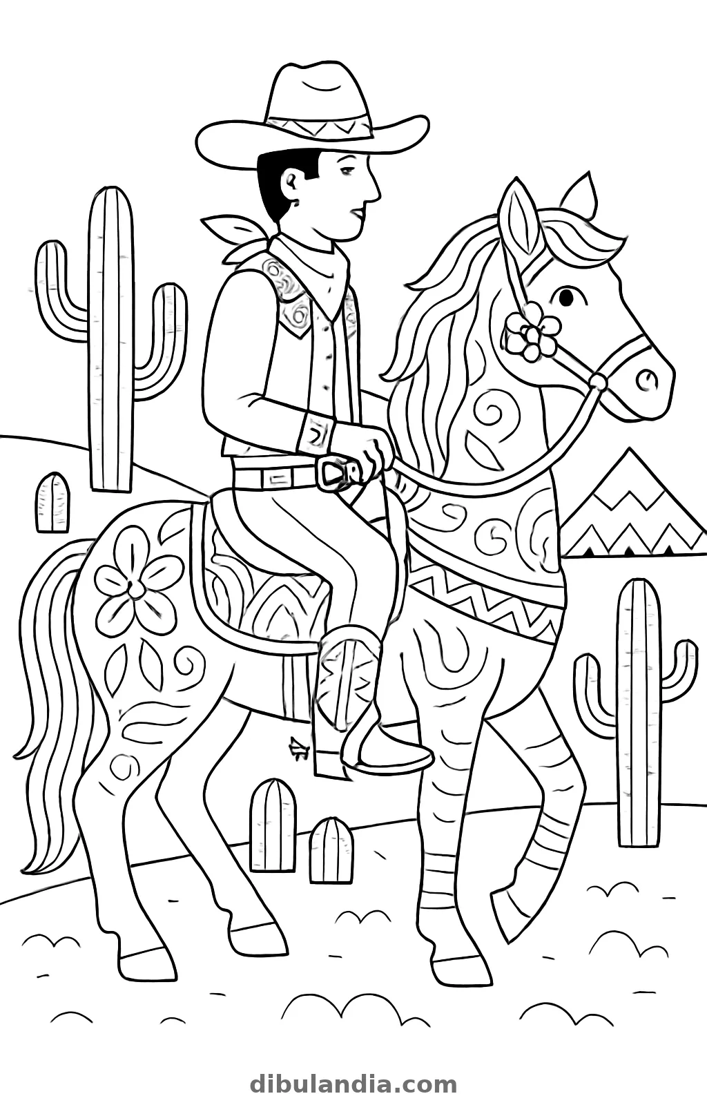 Vaquero a caballo, dibujo en blanco y negro para colorear