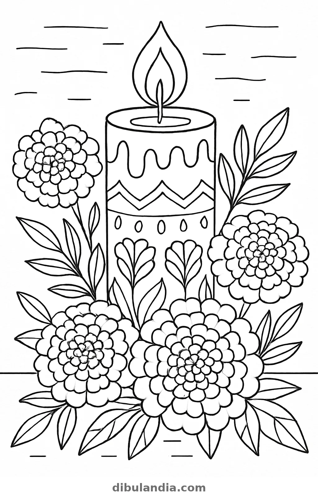 Vela encendida decorada con zigzag y gotas, rodeada de flores de cempasúchil y hojas, dibujo para colorear