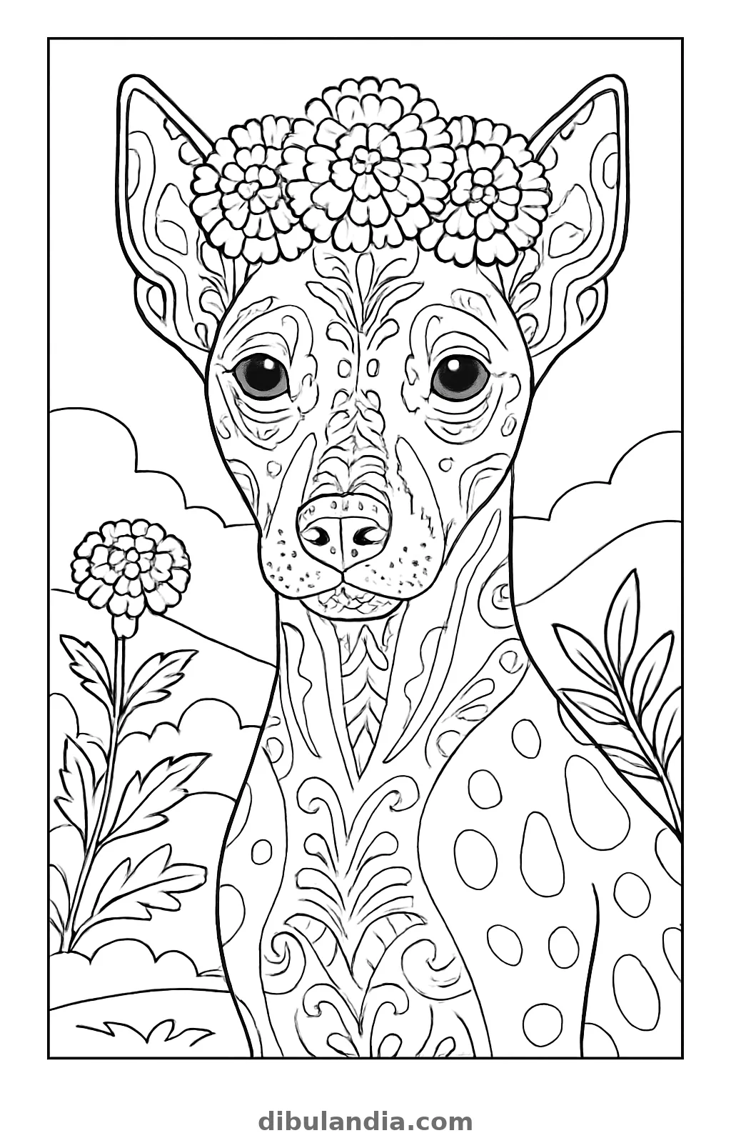 Xoloitzcuintle con corona de flores, dibujo en blanco y negro para colorear