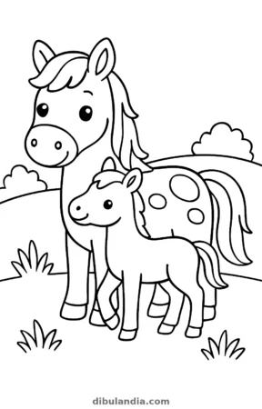 Yegua y potro, dibujo en blanco y negro para colorear
